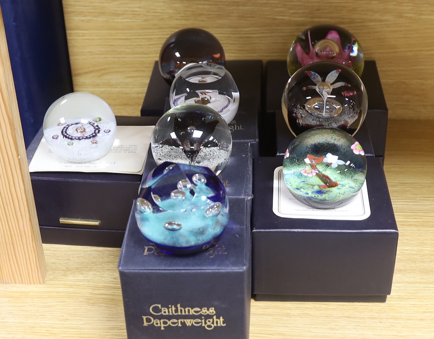 Eight Caithness paperweights, boxed, some limited edition, including Latticino